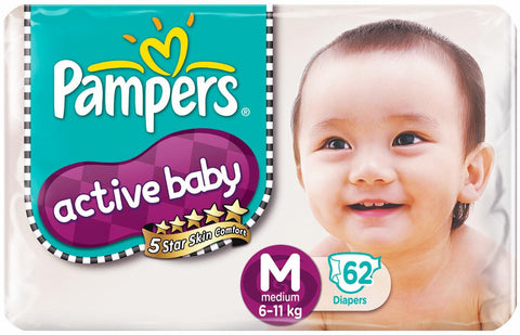 Pampers Active Baby Diapers Medium 62 Pieces (6 to 11 kg)